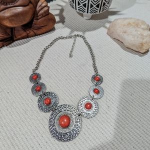 Embossed Necklace, Metal & Rust Colored Stone, Adjustable Size